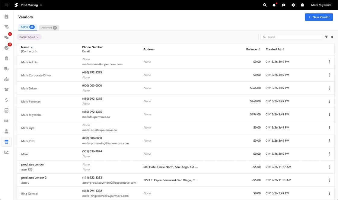 Vendors Tab