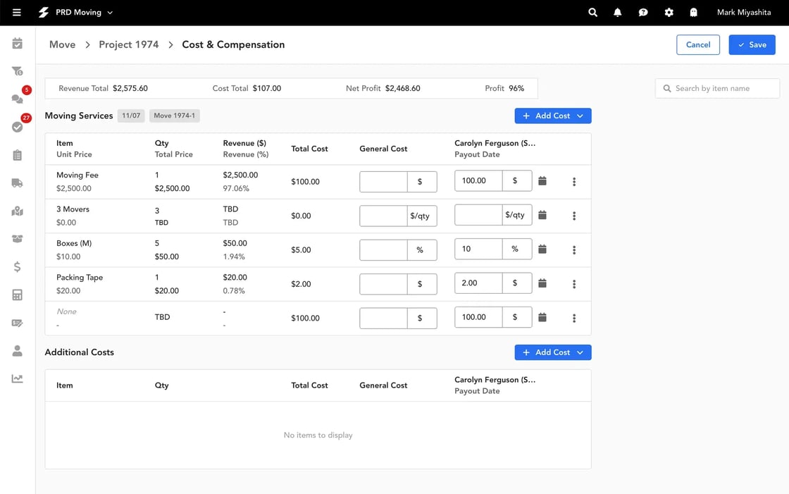 Editing Cost & Compensation Per Project